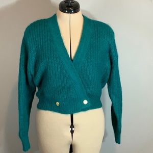 Vintage double breasted short acrylic/mohair wool fuzzy sweater; green petite M